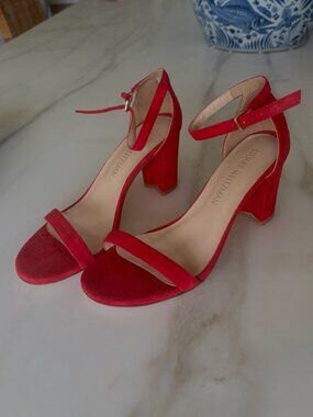 Stuart Weitzman Nudist Block-Heel Sandal Red Suede Size 39